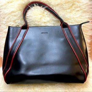 Vintage Arcadia Leather Medium Tote / Handbag Black Red Trim